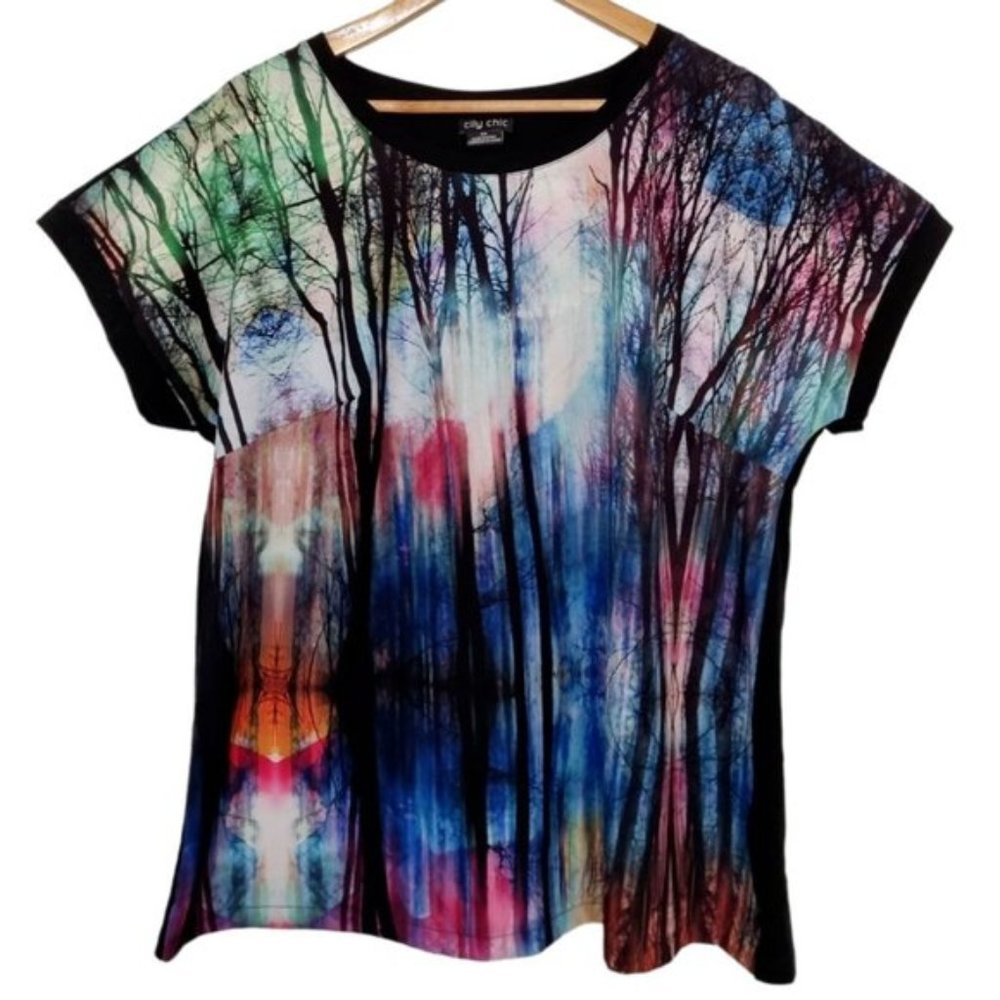 CITY CHIC Forest Print Black / Multicolour Short Sleeve Blouse Top - Size XS